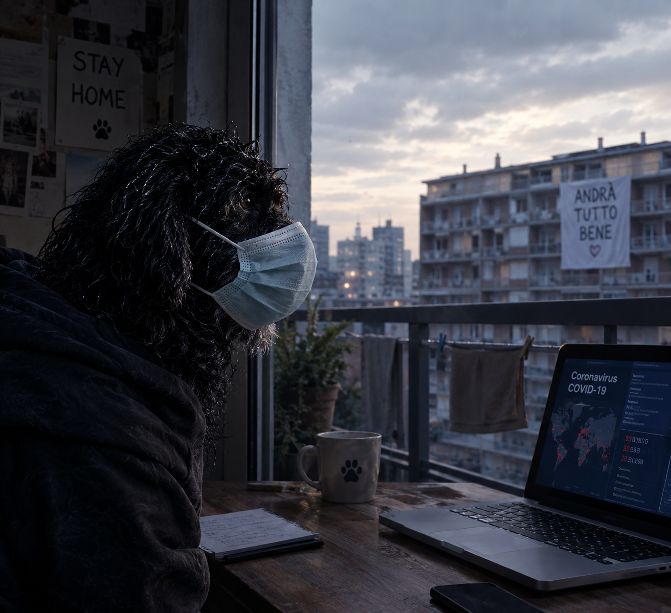 PDOG wearing a mask, looking out of a window during the COVID lockdown