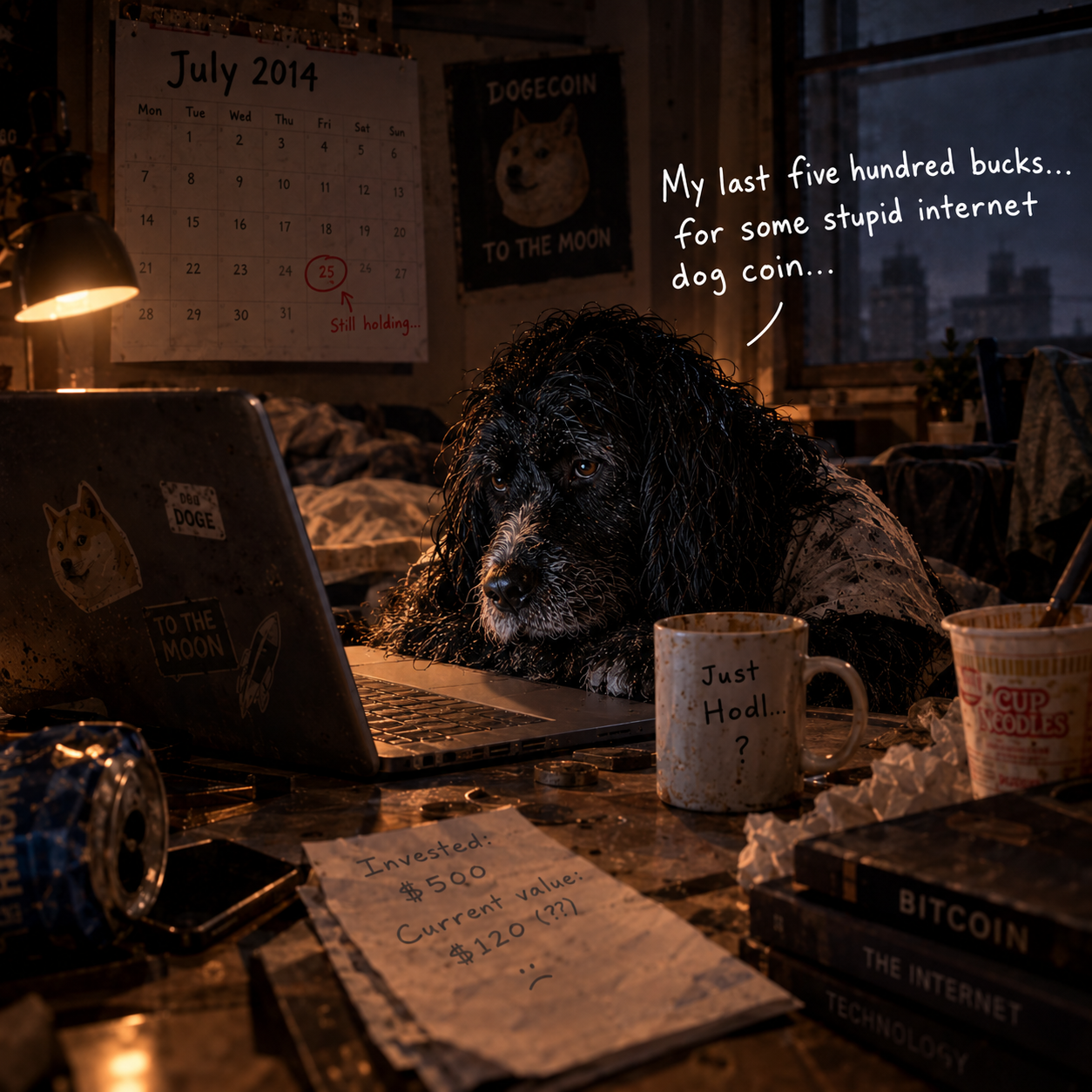 PDOG at his desk in July 2014 after buying Dogecoin