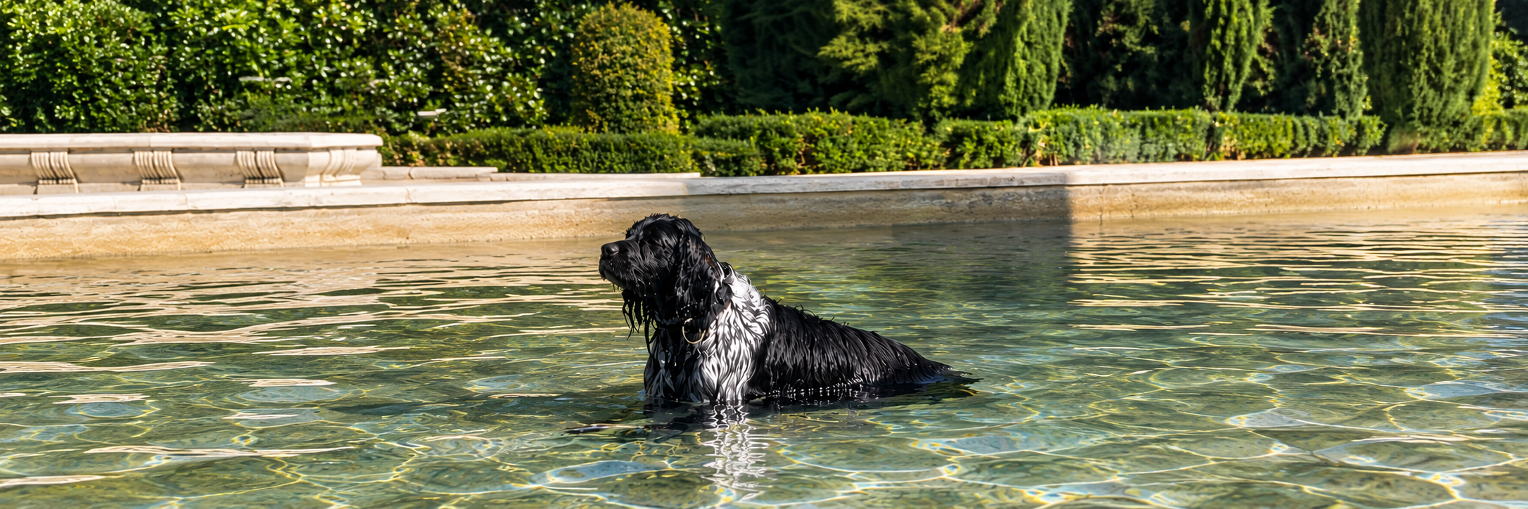 The real PDOG sitting calmly in clear water beside a garden
