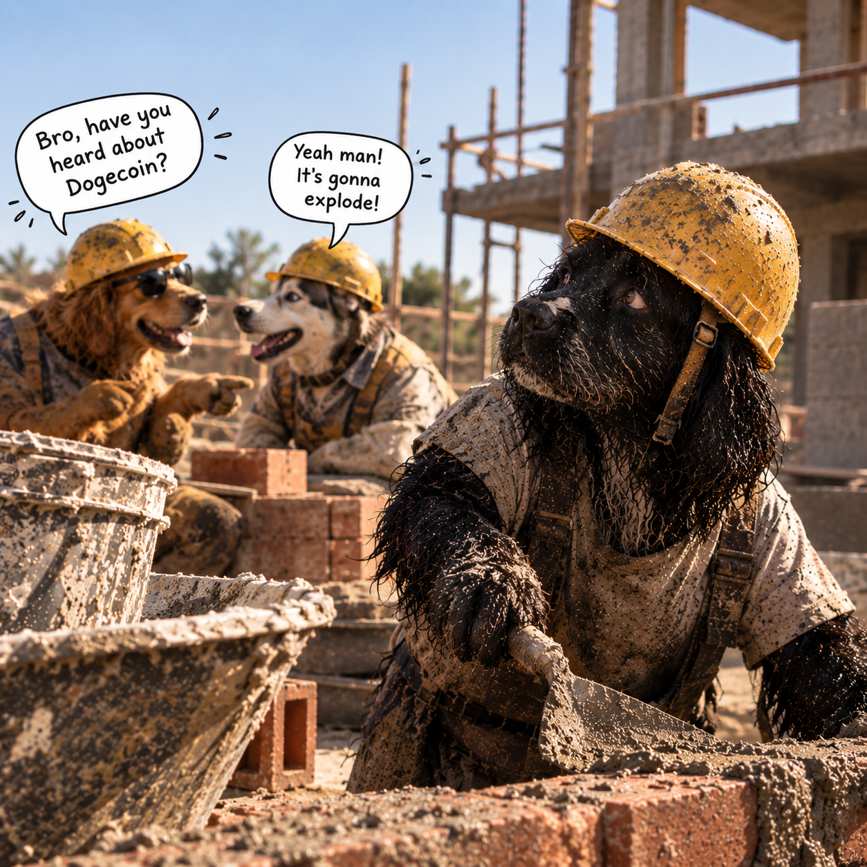 PDOG working at a construction site while other dogs talk about Dogecoin